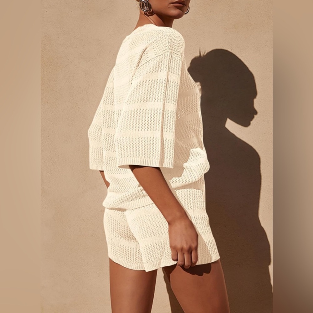 Amazon beige cream crochet knit swimsuit cover up set, small